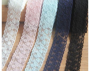10 yard Rose Embroidered Tulle Lace Trim, Floral Mesh Lace Ribbon Fabric for Dress Sewing DIY Craft Decoration 3.5cm 1.37" wide M25F5