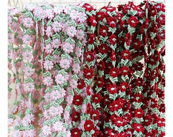 Dentelle Trim 5 yard Rose Rouge Vert Fleur Broderie Ruban Ruban Robe Vêtements Matériel de couture Tissu M4F186