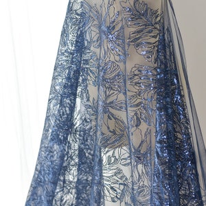 1 metro paillettes mesh tulle ricamato oro blu navy pizzo tessuto stoffa sposa abito da sposa materiali per cucire 51 "largo L24C28