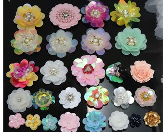 Sequins Patches 20pcs Rhinestones Beads Flower Appliques Brooch Stickers Patch for Clothes Bag Shoes Sew-On Sewing Accessories M43F181