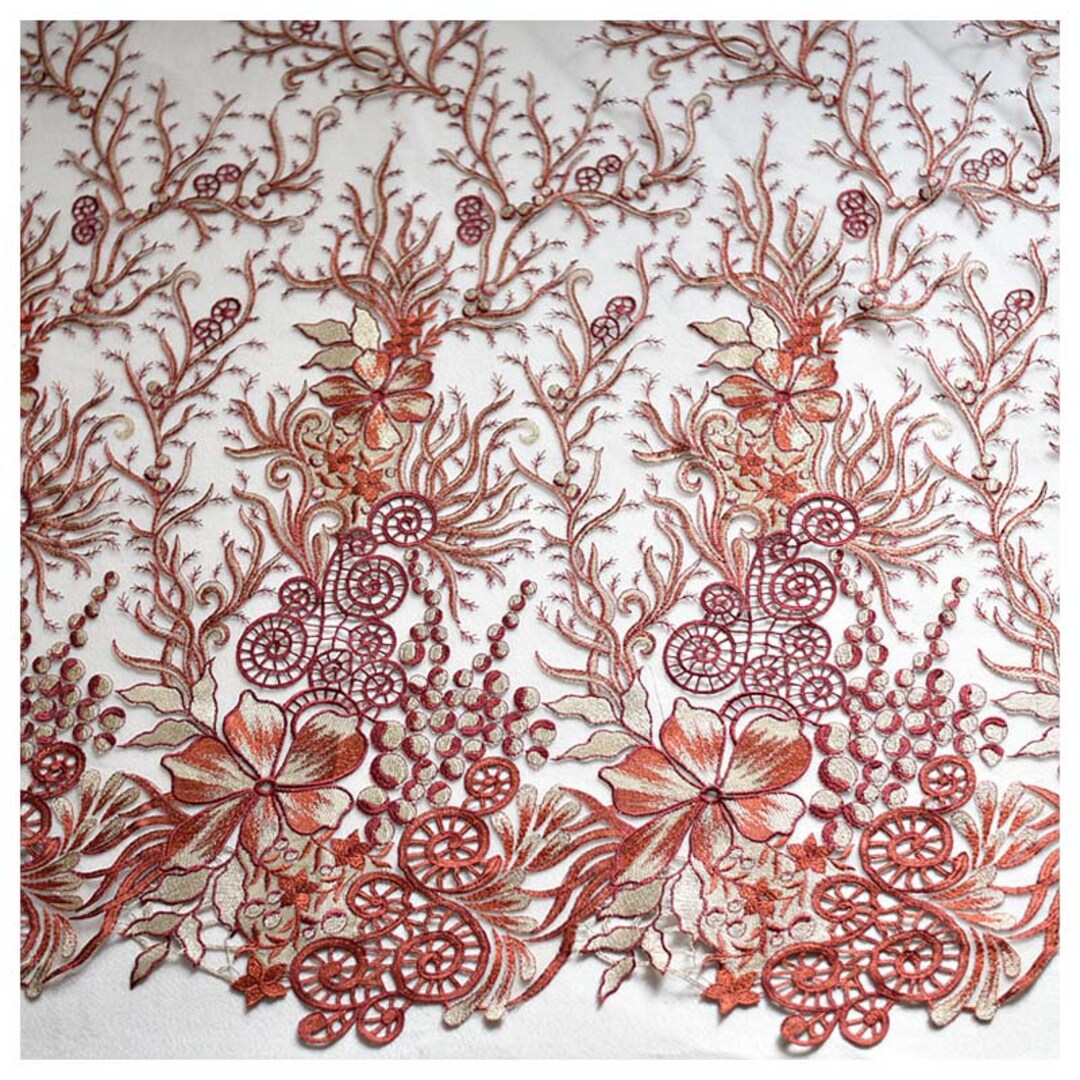 1 Meters Wine Red Gold Mesh Embroidered Gauze Lace Fabric Bridal ...