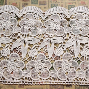 May include: White lace trim with a scalloped edge and a floral design. The lace features delicate flowers and leaves.