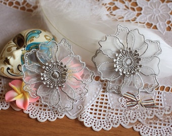 20pcs 6cm 2.36" wide gray/ivory dress clothes mesh embroidered lace appliques patches L14M70