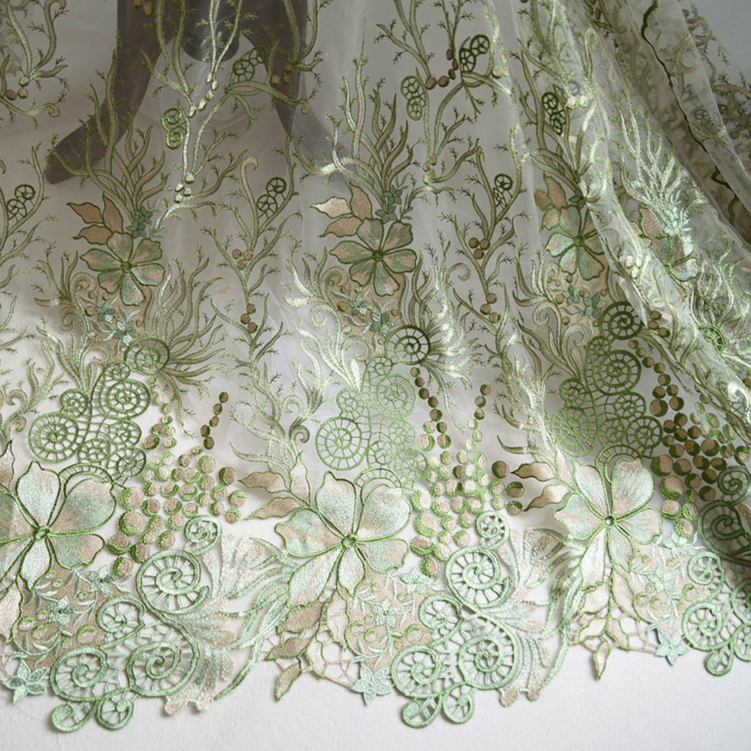 1 Meters Green Mesh Embroidered Gauze Lace Fabric for Bridal