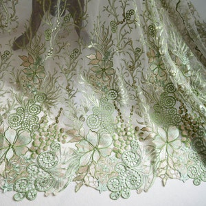 1 meters Green Mesh Embroidered Gauze Lace Fabric for Bridal Wedding Fashion Dress Skirt Sew Materials 135cm 53" width L24C32