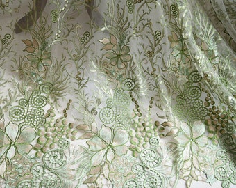 1 meters Green Mesh Embroidered Gauze Lace Fabric for Bridal Wedding Fashion Dress Skirt Sew Materials 135cm 53" width L24C32