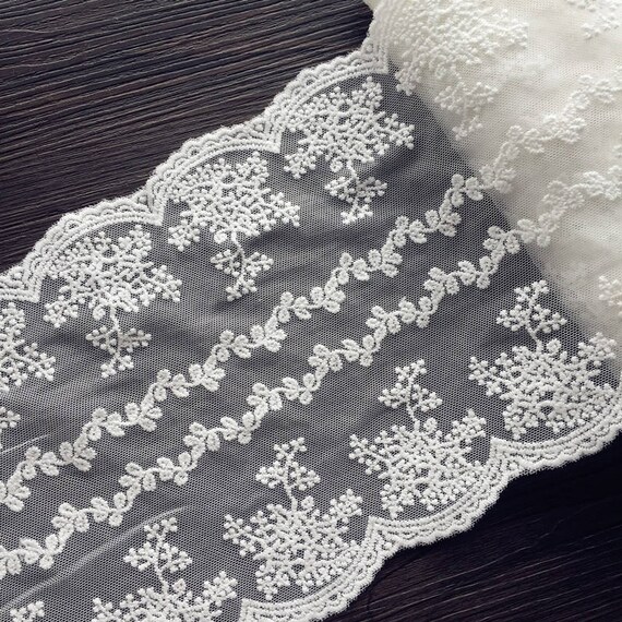 17.5cm 6.88" wide 5 yard ivory tulle mesh gauze fabric embroidered tapes lace trim ribbon 1023897AQL4K23
