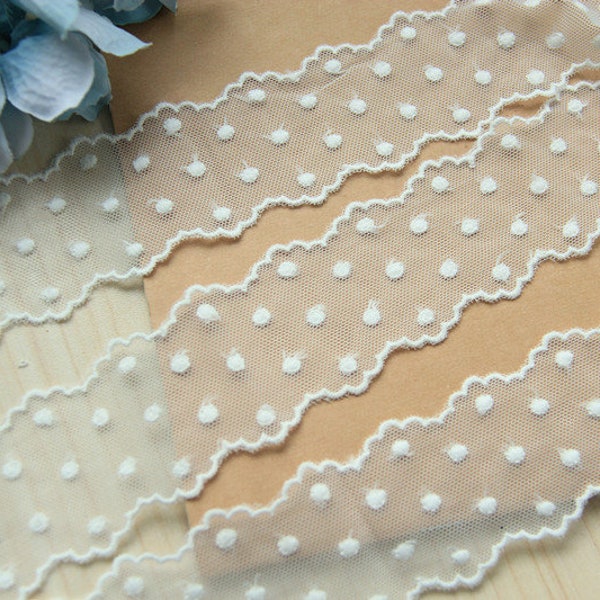 10 yards 4.5cm 1.77" wide ivory dot tulle gauze mesh cotton embroidered tapes lace trim ribbon clothes dress doll fabric M25F182