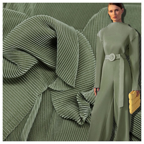 Green Pleated Fabric Stretch Fabric Line Texture Elastic Fine Stripe  Designer Fabric for Dress Pants Suits Sewing 59inches Width M105F2