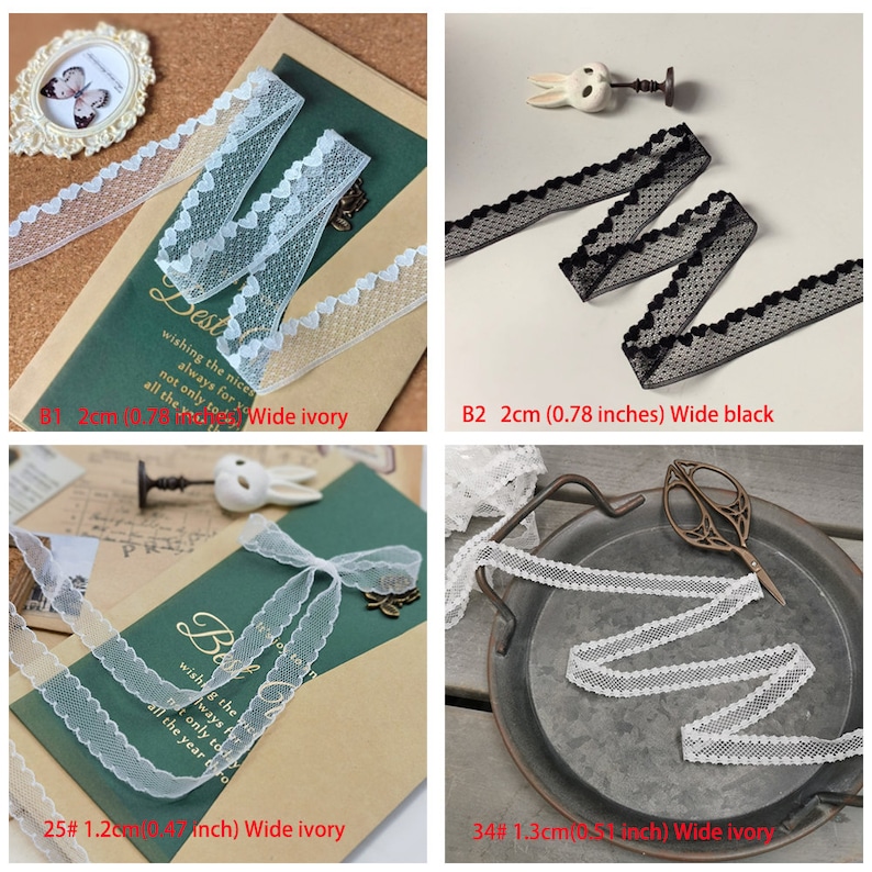 K&ouml;nnte beinhalten: Vier Spulen mit wei&szlig;er und schwarzer Spitzenborte mit herzf&ouml;rmigen Designs. Die Spitzenborte ist 3 cm, 3,3 cm und 5 cm breit. Der Text auf dem Bild lautet: "Best wishing the nicest always for you not only today all the year through"