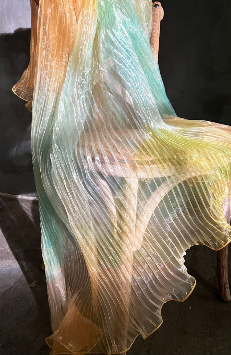 Yellow Green Gradient Pleated Organza Fabric Laser Plisse Fabric