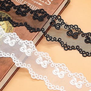 Lace Trim 15 yard Ivory Black Gauze Mesh Tulle Bow Rayon Embroidered Ribbon Tapes Clothing Sewing Fabric 4cm 1.6&quot;wide M4F271