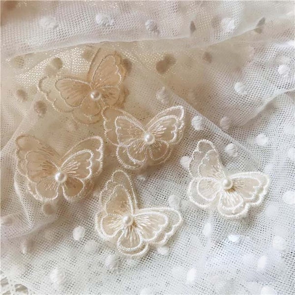 Butterfly Appliques 15 PCS Ivory Beige Beaded Organza Embroidery Lace Patches for Clothes Dress Skirt Bag Sweater 3 x 4cm L14F19