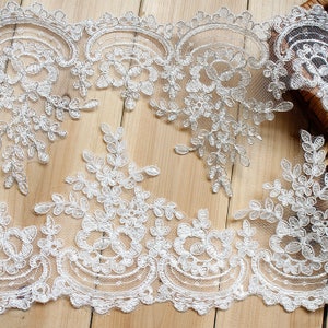 15.5cm 6.1&quot; wide 5 yard ivory/ivory silver bridal wedding dress mesh tulle gauze embroidered tapes lace trim ribbon L24L270