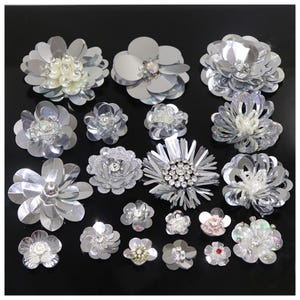 Silver Sequins Patches 20 pcs Rhinestones Beads Flower Appliques Brooch Stickers Patch for Clothes Bag Shoes Sew-On Sewing Accessories