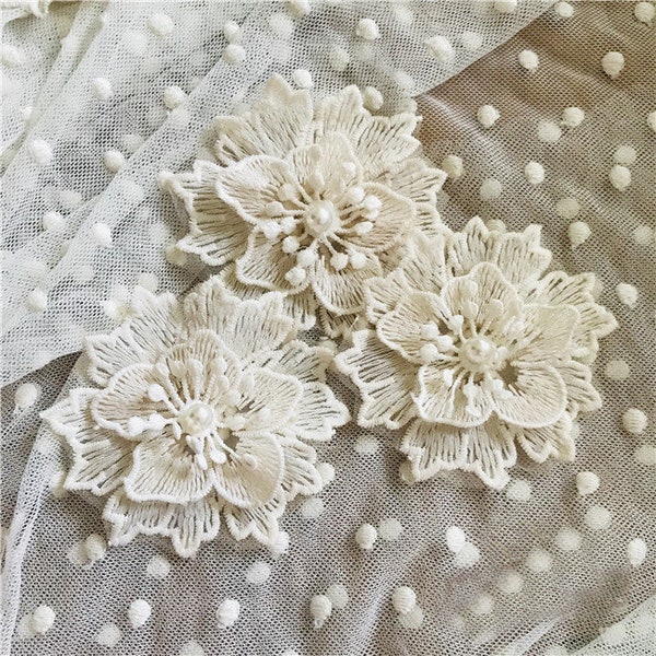 Flower Lace Applique 10pcs Ivory Beige Beaded Organza Embroidery Floral Patches for Dress Sweater Clothes Decoration 8cm 3.1" Wide L14F27