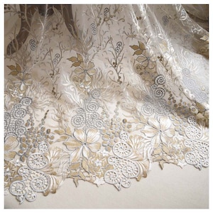 1 meters Gray Gold Green Mesh Embroidered Gauze Lace Fabric Bridal Wedding Fashion Dress Skirt Sew Materials 135cm 53&quot;width L24C32