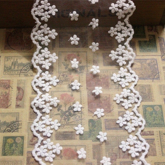 11cm 4.33" wide 10 yard  ivory/beige tulle mesh gauze 2 sides embroidered tapes lace trim ribbon fabric 20673QL4K162