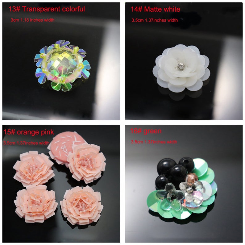 May include: A collection of four decorative floral embellishments. 13# is a transparent colorful flower, 3cm (1.18 inches) wide. 14# is a matte white flower, 3.5cm (1.37 inches) wide. 15# are orange-pink flowers, 3.5cm (1.37 inches) wide. 16# is a green floral cluster, 3.5cm (1.37 inches) wide.