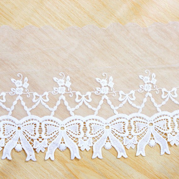 Ivory Embroidered Lace Trim: 5 Yard Gauze Tulle Ribbon (6.3