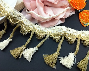 5 yard 8cm 3.14" wide ivory gold cotton tassels fringe pendant tapes lace trim ribbon ML39