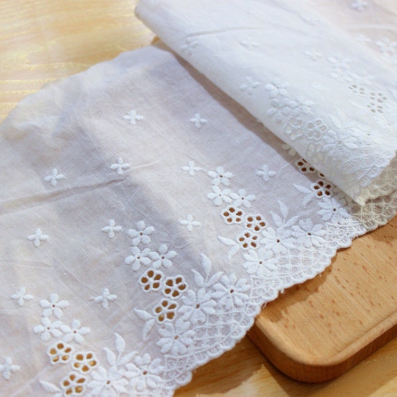 Vintage Floral Embroidered Lace Trim - 1 Yard White Cotton With Pearl Flowers