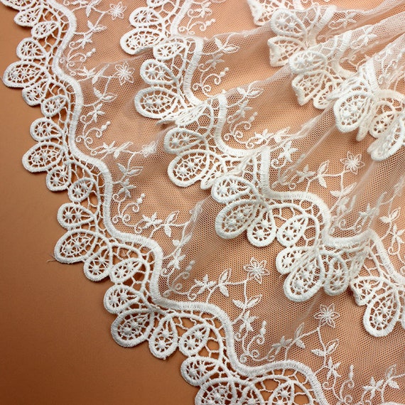 Mesh Lace Trim 1 Yard Ivory Black Three layer Gauze Tulle Cotton Embroidery Ribbon Dress Skirt Clothes Fabric 32cm 12.6" Wide 1023973M4F349