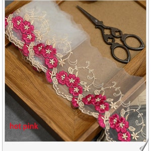 Bordure en dentelle à mailles, fleurs en tulle, 10 yards, bordures en dentelle brodées, bordures festonnées au ruban, travaux de couture à faire soi-même, 9 cm 3,5 po. de large M4A41 hot pink