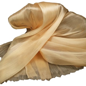 Puede incluir: Una bufanda de color beige claro semitransparente que presenta una textura plisada vertical fina en toda la tela. El material está drapeado en pliegues suaves y fluidos, creando una apariencia en capas con un brillo sutil que capta la luz en su superficie.