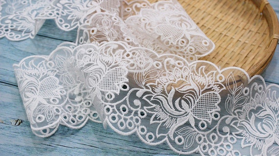 Ivory Lace Trim 10 Yard Gauze Tulle Mesh Milk Silk Embroidered