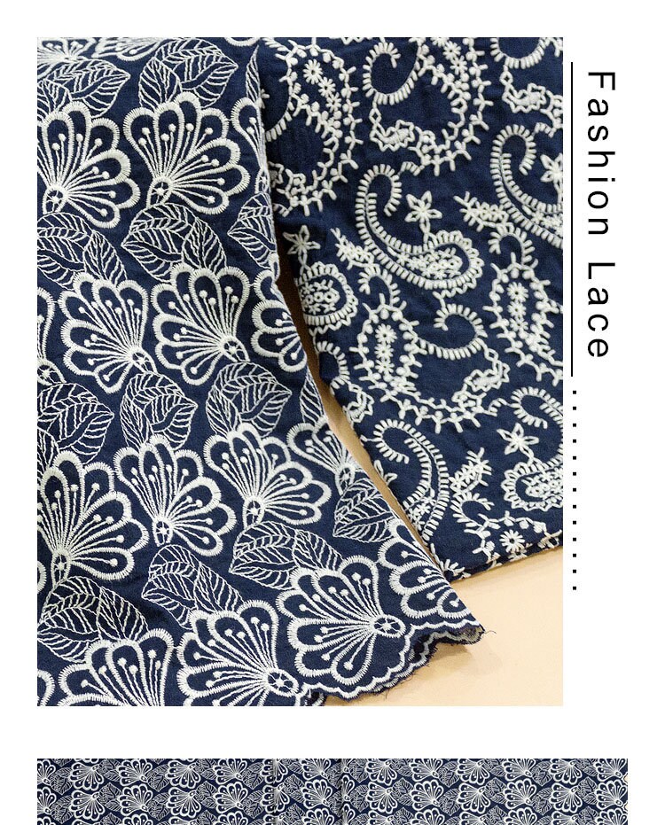 Cotton Lace Fabric 1 Yard Navy Apricot Cloth Embroidered