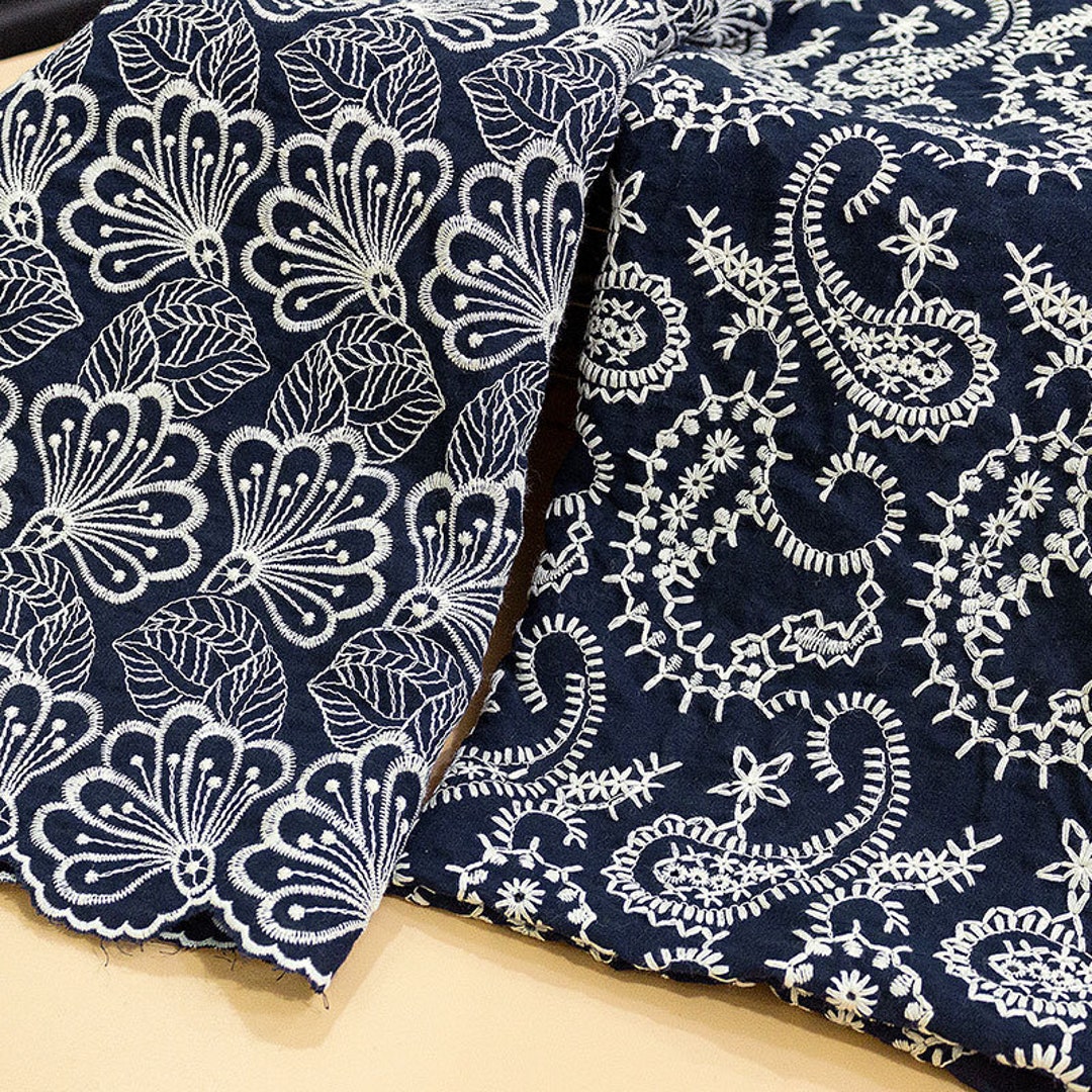 Cotton Lace Fabric 1 Yard Navy Apricot Cloth Embroidered