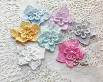 5.5cm 2.16" wide 20pcs blue/pink/gray/ivory/yellow/mint/hot pink beads 3D flowers embroidery lace appliques patches L14M145