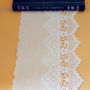 May include: White cotton lace trim with a scalloped edge and a delicate floral pattern. The lace is approximately 2 inches wide.