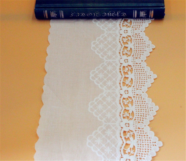 May include: White cotton lace trim with a scalloped edge and a delicate floral pattern. The lace is approximately 2 inches wide.