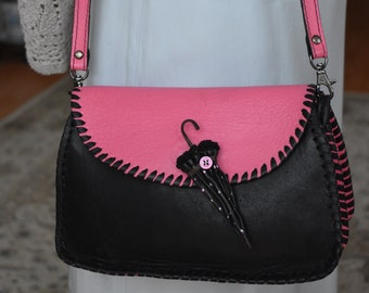 Handgemachte LederTasche/Umhängetasche/Clutch, Pink & Schwarz