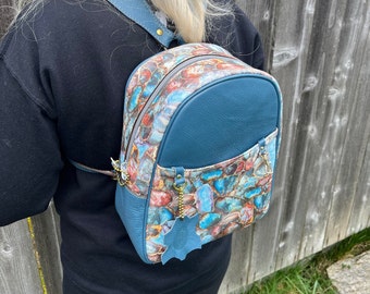 Leather Backpack - Handcrafted - Blue with Blue Stone Pattern - Unique, Durable