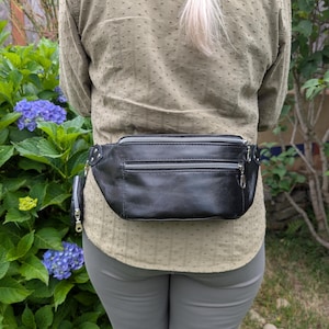Black Leather Unisex Fanny Pack / Hip Bag / Belt Bag - Two Pockets, Durable, Handmade