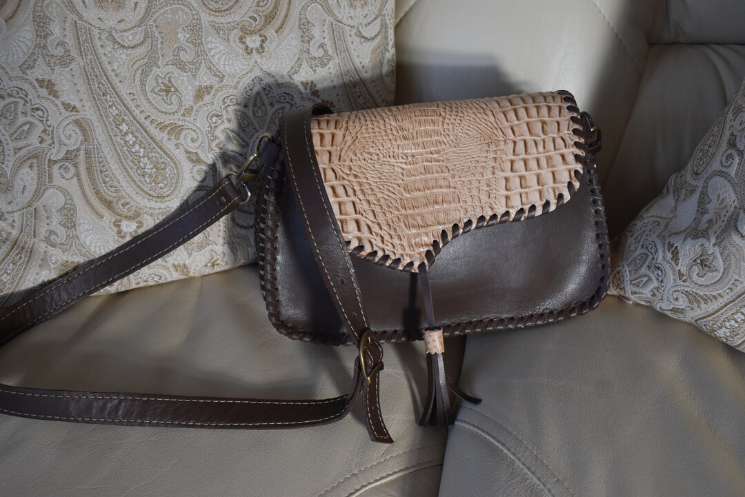 Sac à Main Vintage En Cuir Reptile Marron - Lanière Métal - Occasion Très Bon état