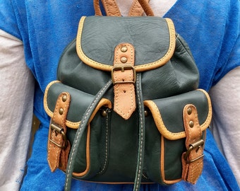 Handcrafted All-Leather Backpack: Green & Tan, Small, Durable. Eco-friendly.