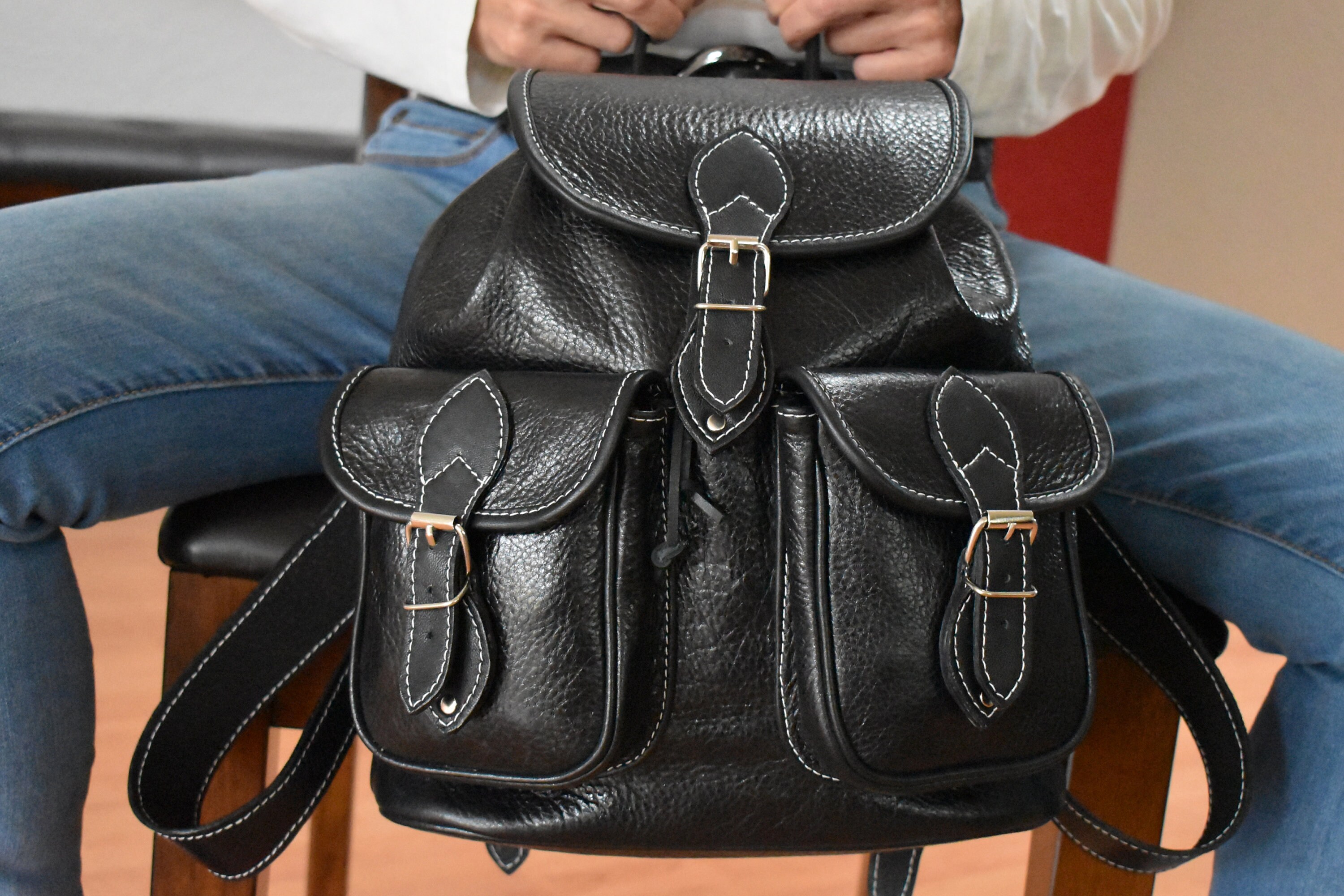 Italian Leather Backpack- Black, Handcrafted, Soft, Durable  display picture 2