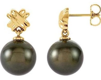 9-10mm Tahitian Black Pearl Dangle Post Earrings in 14K Yellow or White Gold