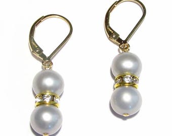 Boucles d'oreilles pendantes au dos avec perles grises véritables de 8 à 8,5 mm en or 14 carats