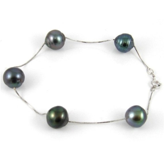 7" 8-9mm Baroque Tahitian Black Pearl Chain Bracelet in 14K White Gold or 925 Silver