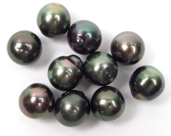 10 pcs Undrilled 9-10mm Loose Peacock Green Off Round Tahitian Pearls LPTARD-910-391