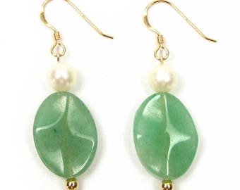 Genuine White Pearl & Natural Green Jade 14K Gold Filled Hook Earrings
