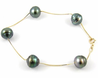 7&quot; 8-9mm Baroque Tahitian Black Pearl 14K Yellow Gold Chain Bracelet