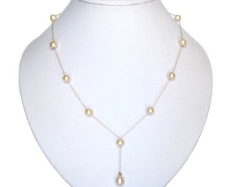 6-7mm Genuine Cultured White Pearl 14K Gold Chain Tin Cup Dangle Necklace 16.5" or 18.5"