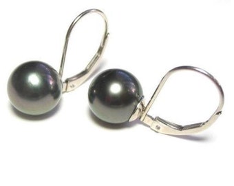 9-10mm Top Quality Tahitian Black Pearl Lever Back Earrings in 14K White Gold