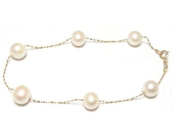 7&quot; or 8&quot; 6-7mm Genuine Cultured White Pearl 14K Gold Chain Bracelet